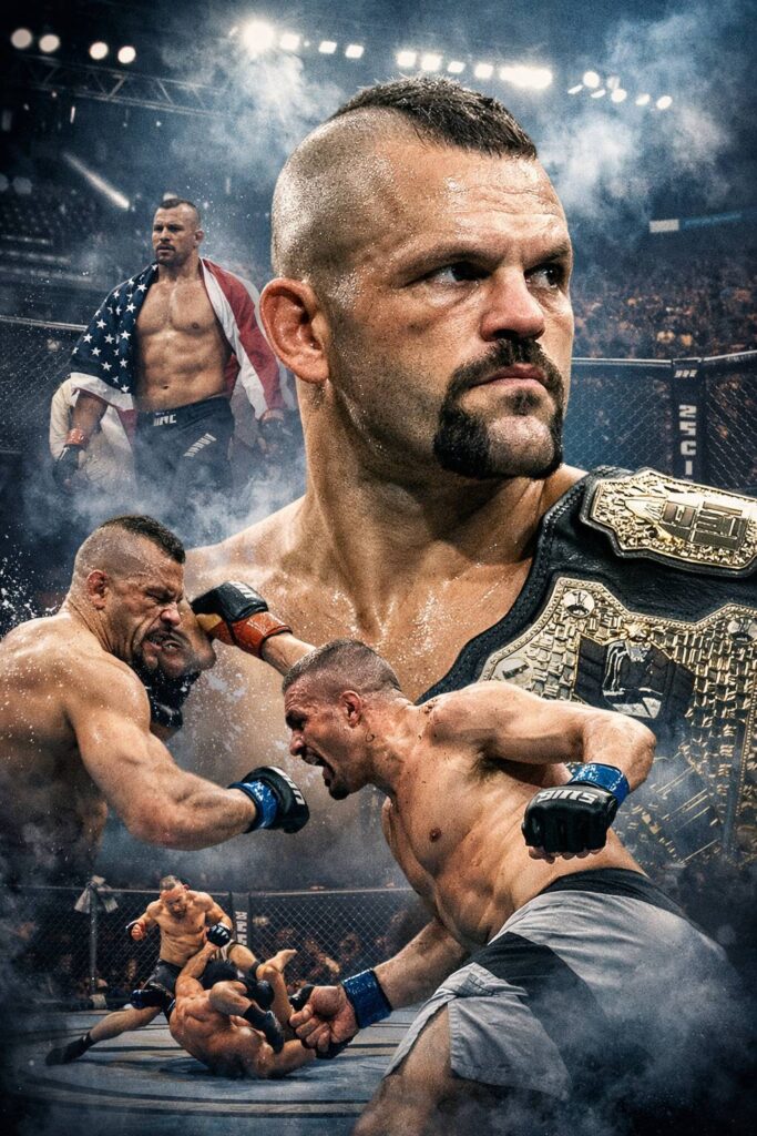 Chuck Liddell durante luta no UFC, campeão dos meio-pesados, conhecido pelo estilo agressivo e pelos nocautes que marcaram a era inicial do MMA.