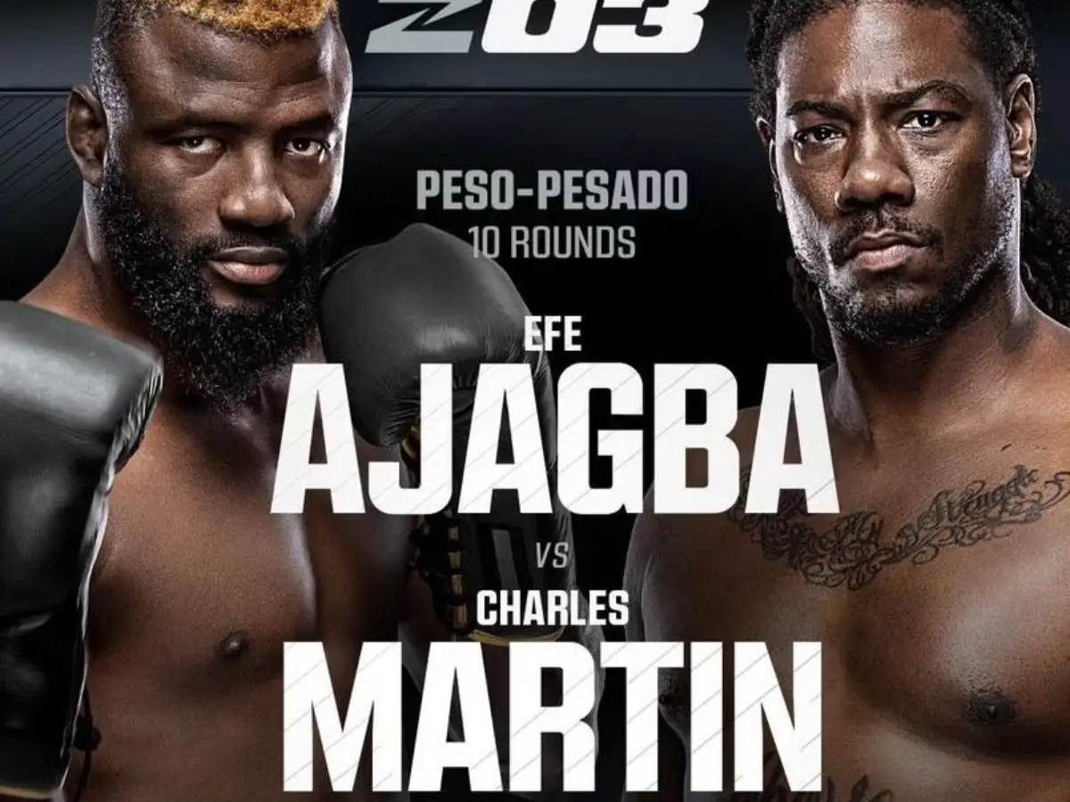 Cartaz oficial do evento Zuffa Boxing 03. A imagem apresenta os lutadores Efe Ajagba e Charles Martin em posição de guarda, um de frente para o outro. No centro, o logotipo do evento e as informações: 15 de fevereiro, no Meta Apex, em Las Vegas. O fundo possui elementos gráficos modernos em tons escuros, destacando a seriedade do duelo de pesos-pesados