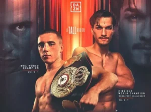 Cartaz oficial de divulgação da luta entre Nick Ball e Brandon Figueroa pelo título mundial peso-pena da WBA, marcada para Liverpool