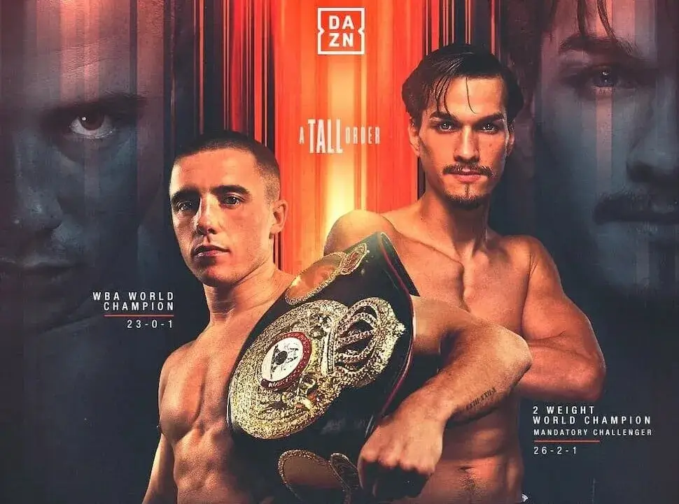 Cartaz oficial de divulgação da luta entre Nick Ball e Brandon Figueroa pelo título mundial peso-pena da WBA, marcada para Liverpool