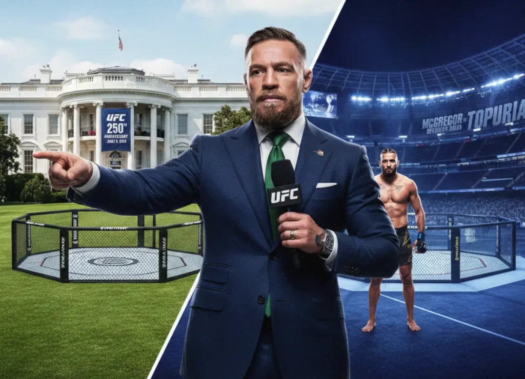 "Montagem fotográfica dividida diagonalmente. À esquerda, Conor McGregor em destaque aponta para um octógono do UFC montado no gramado da Casa Branca em Washington, sob céu claro. À direita, a imagem transita para o interior do estádio Santiago Bernabéu em Madri, iluminado à noite para um evento de luta, com Ilia Topuria ao fundo. No canto inferior direito, o logotipo do RTI Esporte."
