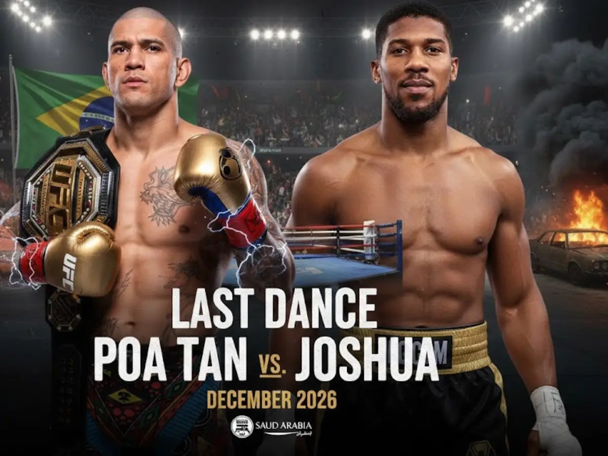 Montagem estilo poster de combate com Alex Poatan, campeão do UFC, encarando Anthony Joshua, lenda dos pesos-pesados