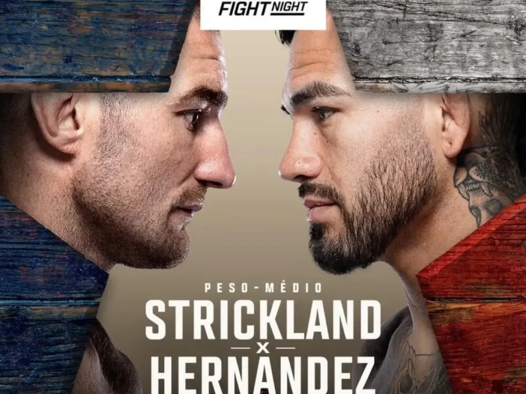Cartaz oficial do evento UFC Fight Night em Houston, destacando os lutadores Sean Strickland e Anthony Hernandez frente a frente para a luta principal de 21 de fevereiro de 2026