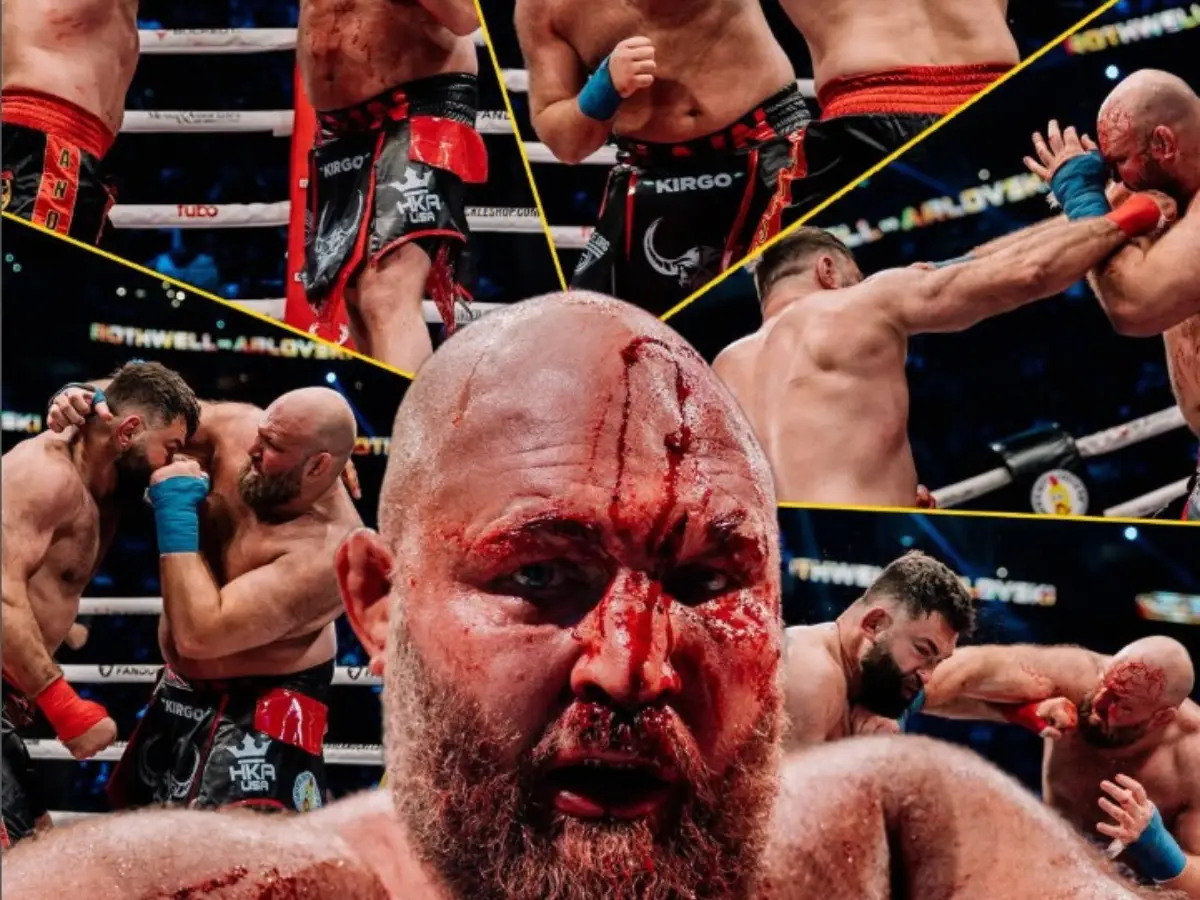 Montagem com momentos da luta entre Andrei Arlovski e Ben Rothwell no BKFC KnuckleMania 6, mostrando golpes trocados, cortes profundos no rosto de Rothwell e a intensidade do boxe sem luvas