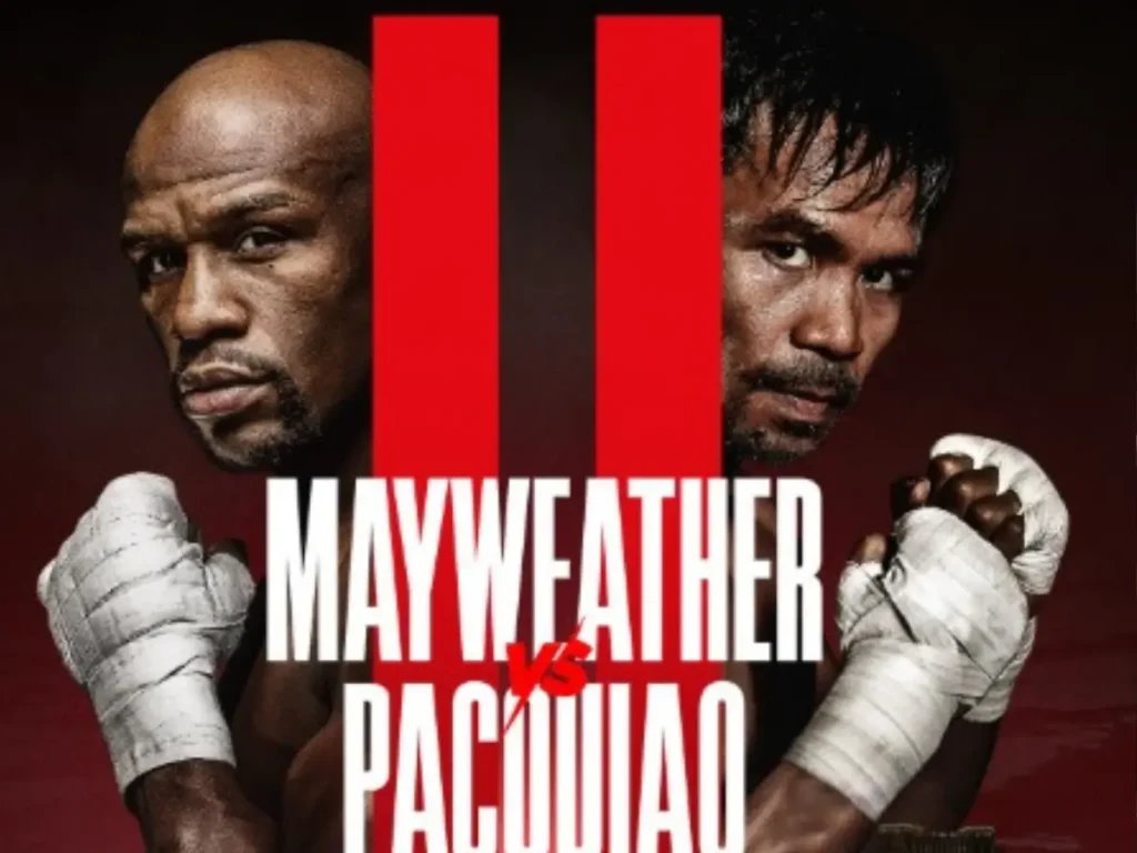 Pôster promocional da revanche entre Floyd Mayweather e Manny Pacquiao, com os dois lutadores frente a frente. O texto destaca "Setembro 2026" e o local "Las Vegas", simbolizando o retorno das lendas aos ringues