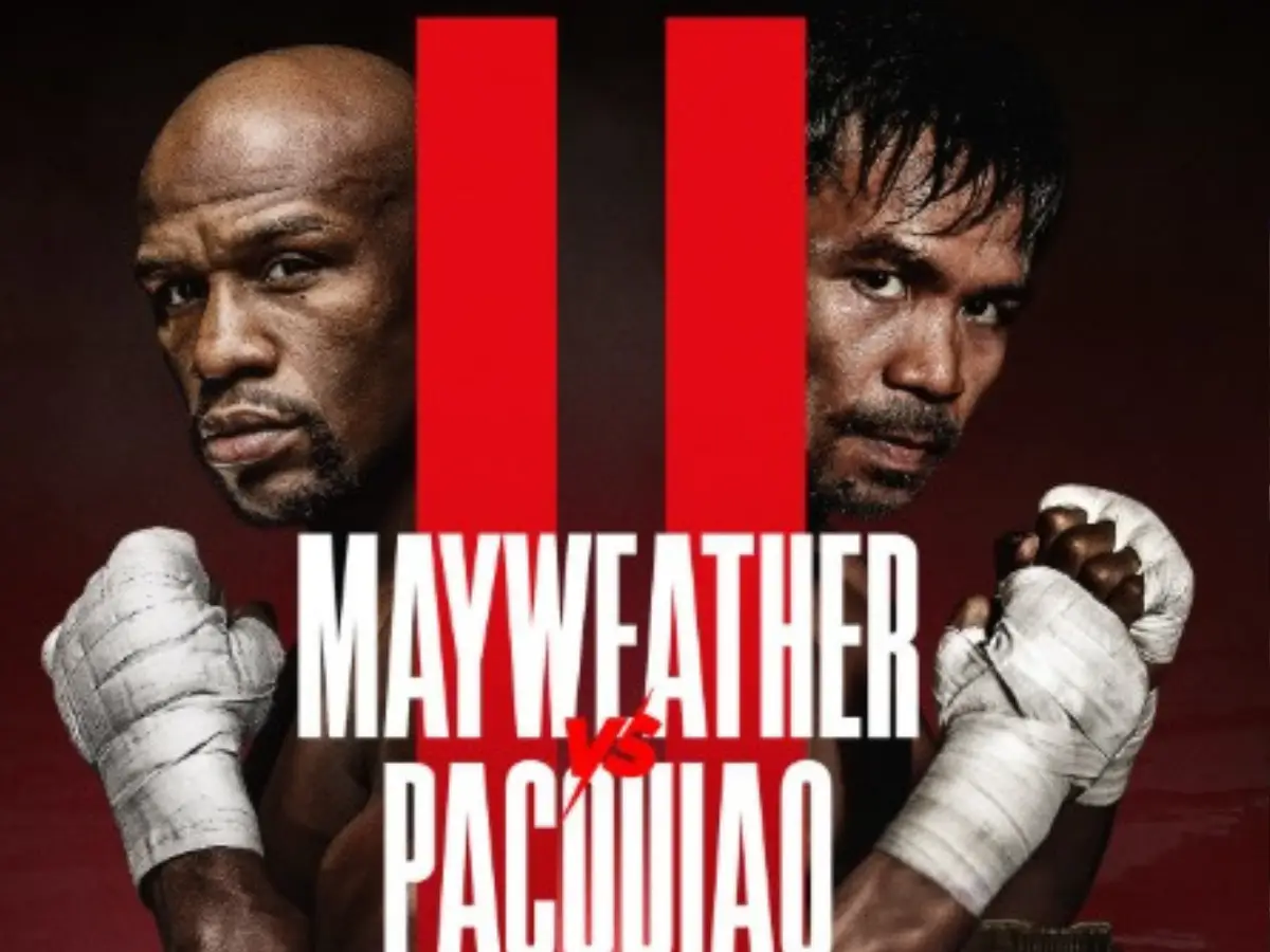 Pôster promocional da revanche entre Floyd Mayweather e Manny Pacquiao, com os dois lutadores frente a frente. O texto destaca "Setembro 2026" e o local "Las Vegas", simbolizando o retorno das lendas aos ringues