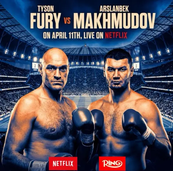 Pôster da luta entre Tyson Fury e Arslanbek Makhmudov, destacando a data de 11 de abril de 2026 e o logotipo da Netflix como plataforma de transmissão