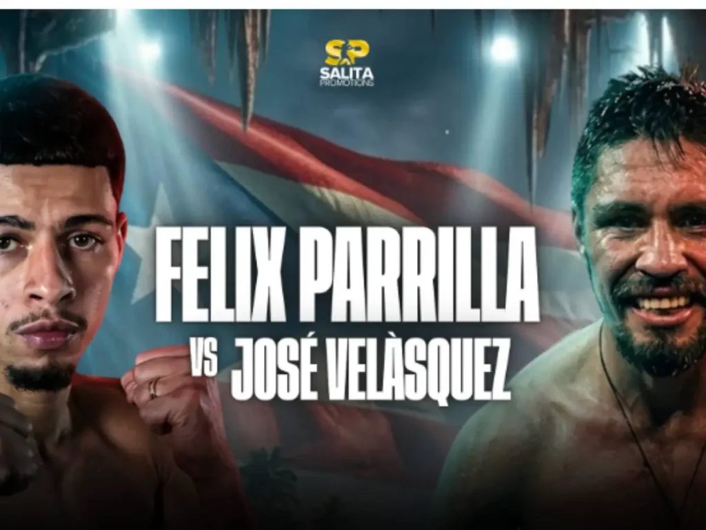Foto oficial de divulgação da luta entre Félix Parrilla e José Velásquez. À esquerda, o porto-riquenho Parrilla aparece em posição de combate, com olhar sério e focado. À direita, o chileno Velásquez.