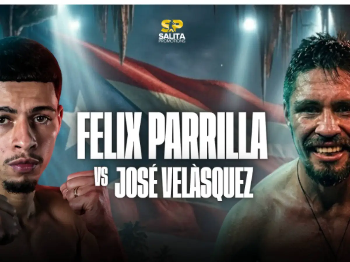 Foto oficial de divulgação da luta entre Félix Parrilla e José Velásquez. À esquerda, o porto-riquenho Parrilla aparece em posição de combate, com olhar sério e focado. À direita, o chileno Velásquez.