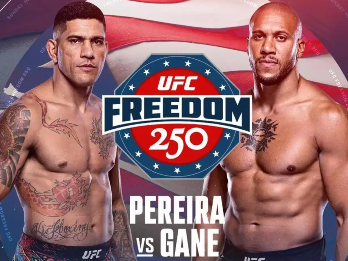 Cartaz oficial do UFC Freedom 250 destacando o combate entre Alex Poatan x Ciryl Gane em Washington