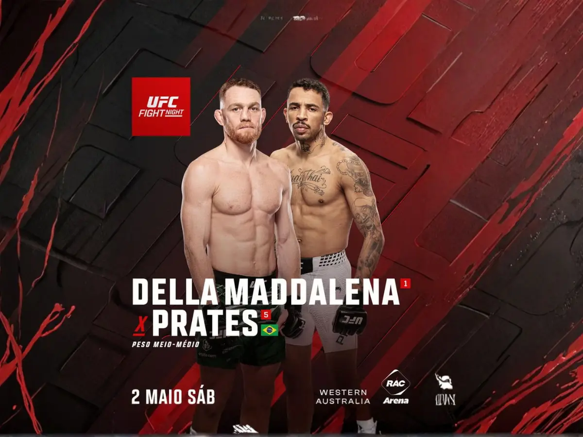 Pôster promocional do UFC Perth destacando os lutadores Jack Della Maddalena e o brasileiro Carlos Prates frente a frente