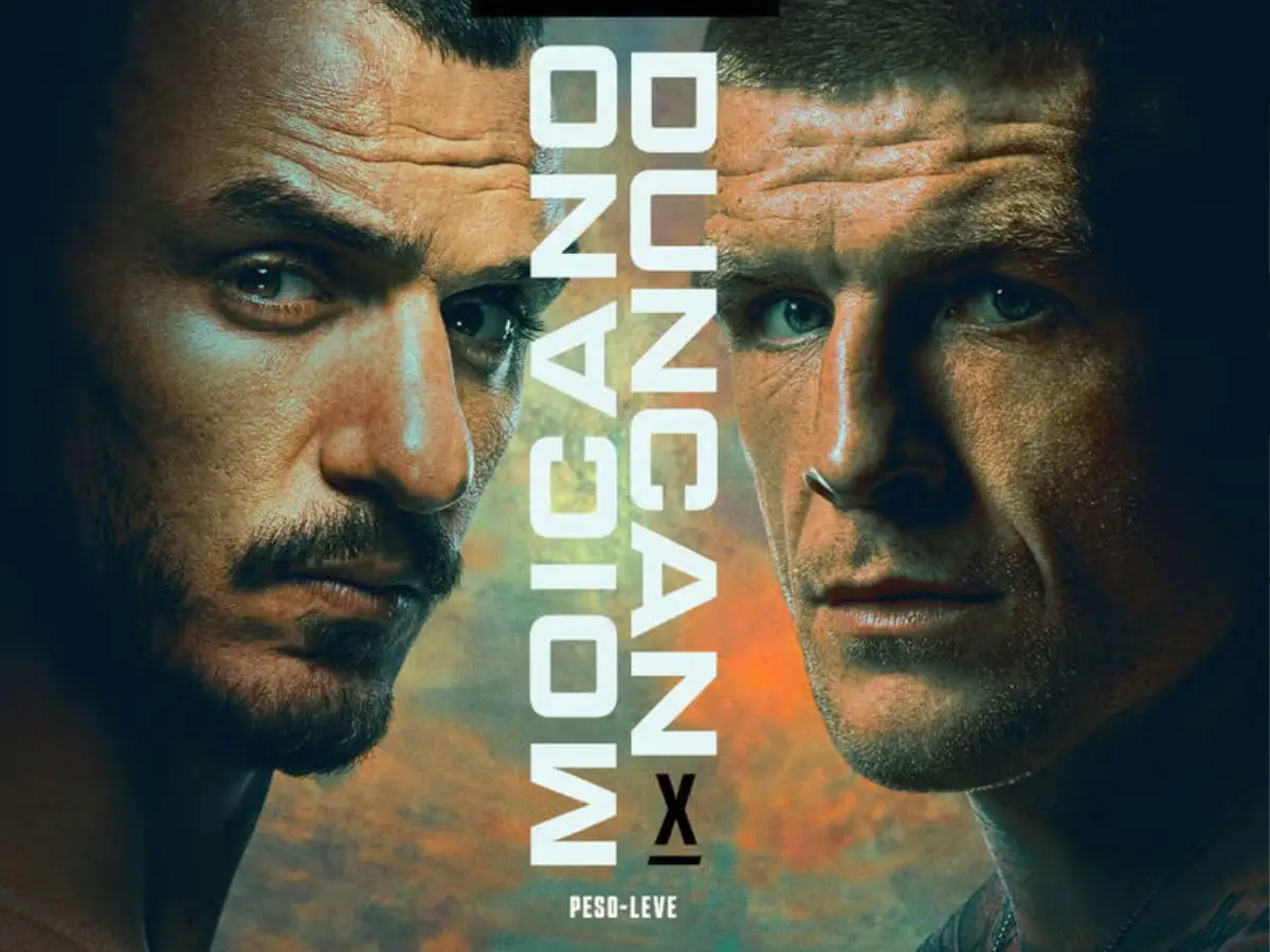 Poster oficial do UFC Vegas 115 com as fotos de Renato Moicano e Chris Duncan frente a frente; o brasileiro aparece com expressão focada e o logotipo do evento destaca o local Meta Apex, Las Vegas.