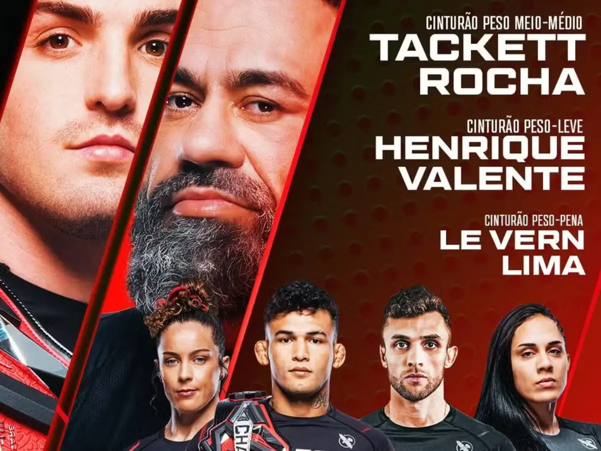 Infográfico do UFC BJJ 7 destacando as três disputas de cinturão com brasileiros: Andrew Tackett contra Vagner Rocha, Carlos Henrique contra Lucas Valente e Aurélie Le Vern contra Rebeca Lima em Las Vegas