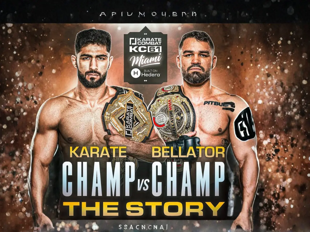 O veterano Patricky Pitbull em confronto direto com o campeão Shahzaib Rind durante evento do Karate Combat em Miami, ilustrando a tensão entre o clã Pitbull e o lutador paquistanês