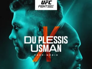 RTI Esporte 20 Fotografia de Dricus du Plessis e Kamaru Usman encarando-se intensamente no octógono do UFC