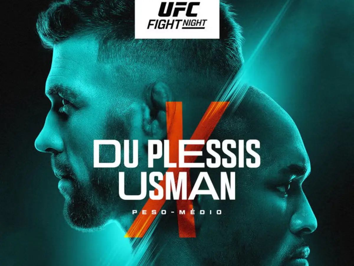 Fotografia de Dricus du Plessis e Kamaru Usman encarando-se intensamente no octógono do UFC